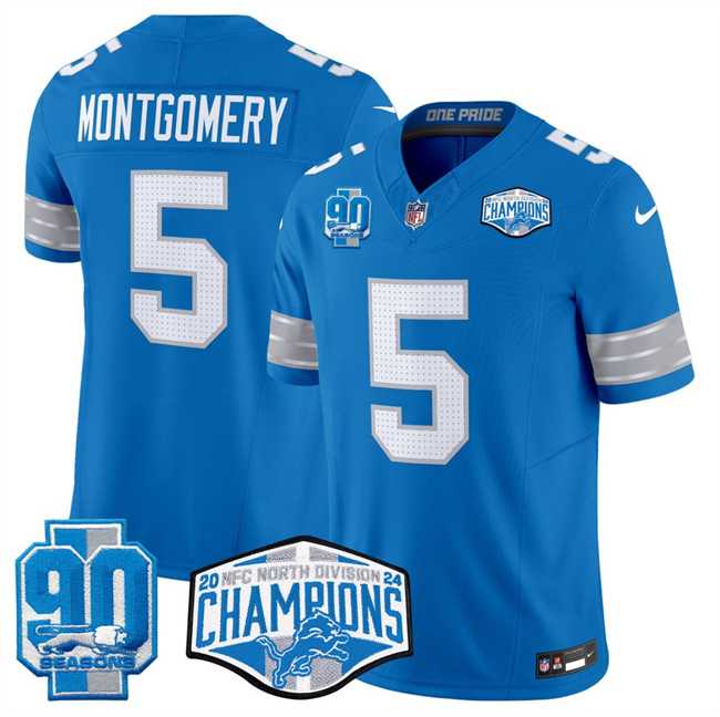 Mens Detroit Lions #5 David Montgomery Blue 2024 NFC North Champions 90th Anniversary Patch F.U.S.E. Vapor Limited Stitched Jersey